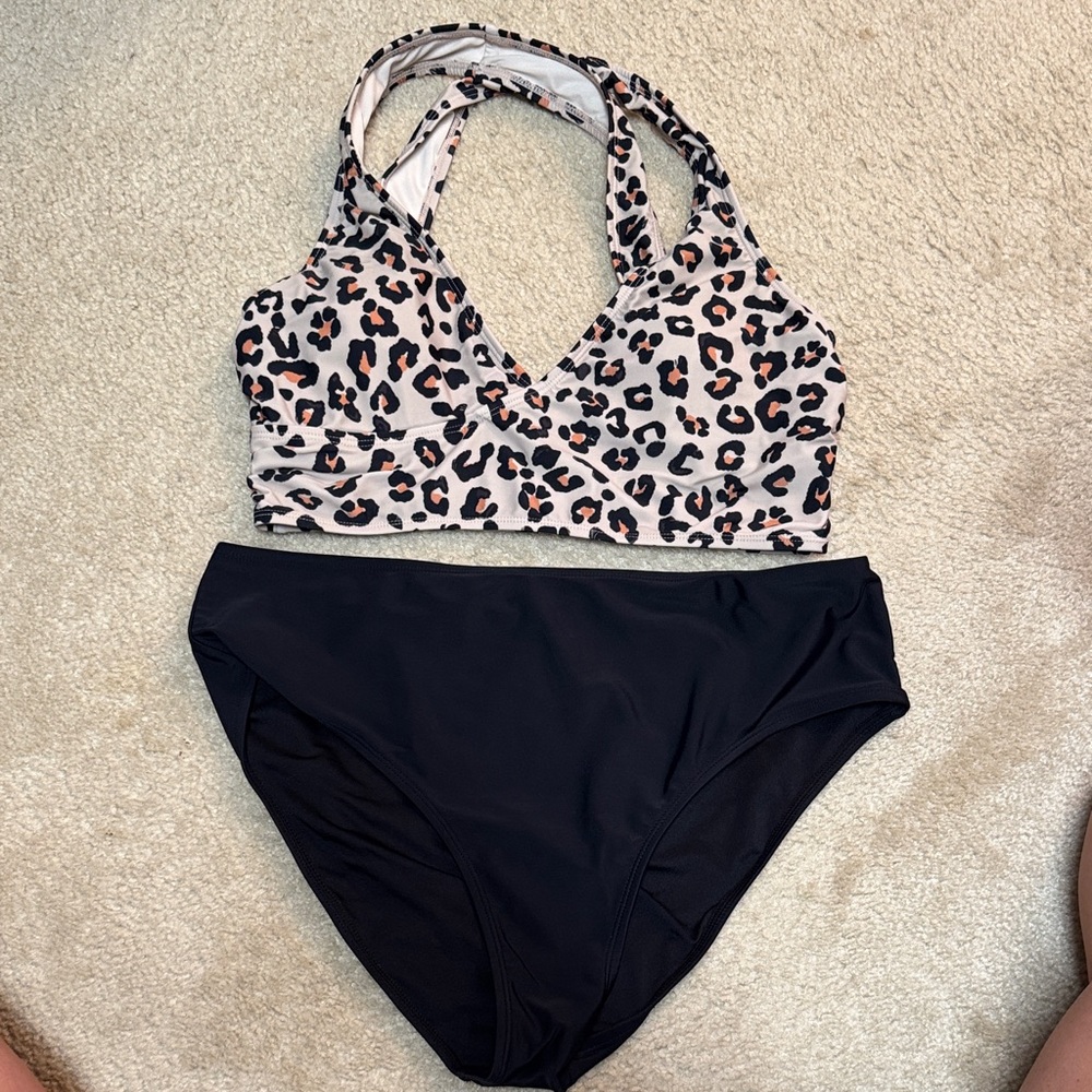 Leopard Print Bikini Top and Black Bottoms